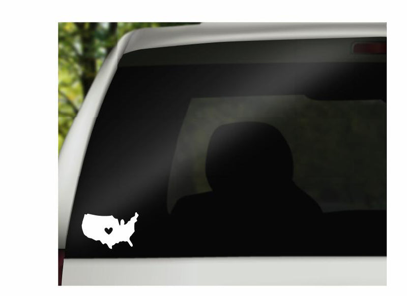 USA with Heart Vinyl Decal | White | Made in USA by Foxtail Decals | for Car Windows, Tablets, Laptops, Water Bottles, etc. | 4.5 x 2.9inch