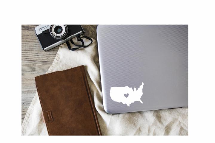 USA with Heart Vinyl Decal | White | Made in USA by Foxtail Decals | for Car Windows, Tablets, Laptops, Water Bottles, etc. | 4.5 x 2.9inch