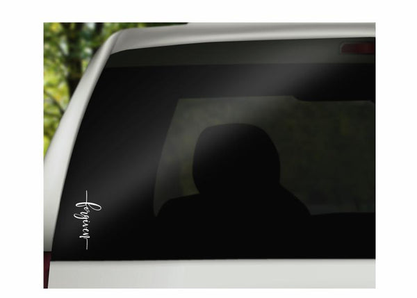 Vertical Forgiven Cross Vinyl Decal | White | Made in USA by Foxtail Decals | for Car Windows, Tablets, Laptops, Water Bottles, etc. | 2.1 x 4.5 inch