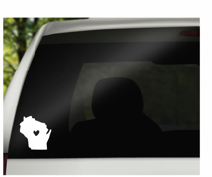 Wisconsin with Heart Vinyl Decal | White | Made in USA by Foxtail Decals | for Car Windows, Tablets, Laptops, Water Bottles, etc. | 2.9 x 4.5 inch