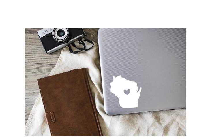 Wisconsin with Heart Vinyl Decal | White | Made in USA by Foxtail Decals | for Car Windows, Tablets, Laptops, Water Bottles, etc. | 2.9 x 4.5 inch