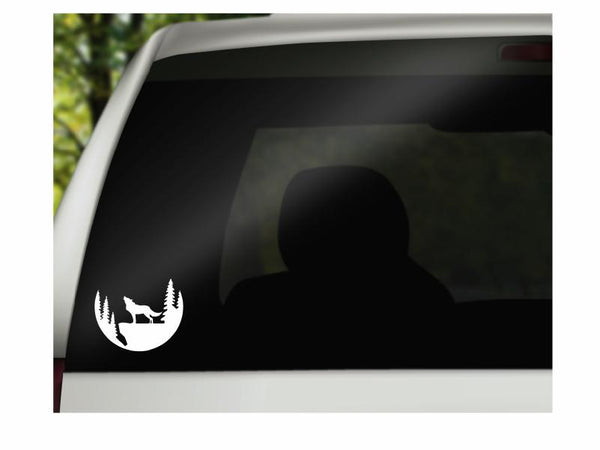 Wolf Forest Vinyl Decal | White | Made in USA by Foxtail Decals | for Car Windows, Tablets, Laptops, Water Bottles, etc. | 4.5 x 3.7 inch