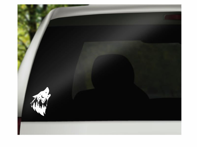 Wolf Mountain Vinyl Decal | White | Made in USA by Foxtail Decals | for Car Windows, Tablets, Laptops, Water Bottles, etc. | 3.375 x 4.75 inch