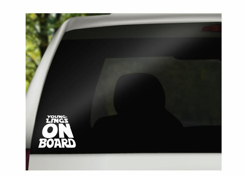 Younglings On Board Vinyl Decal | White | Made in USA by Foxtail Decals | for Car Windows, Tablets, Laptops, Water Bottles, etc. | 4.5 x 3.9 inch