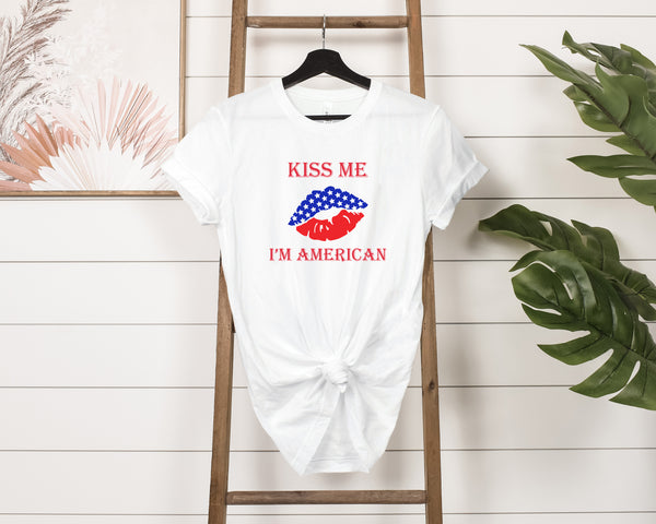 Kiss Me, I'm American Jersey Short Sleeve Tee - Soft & Comfortable - Patriotic Clothing - Made in the USA