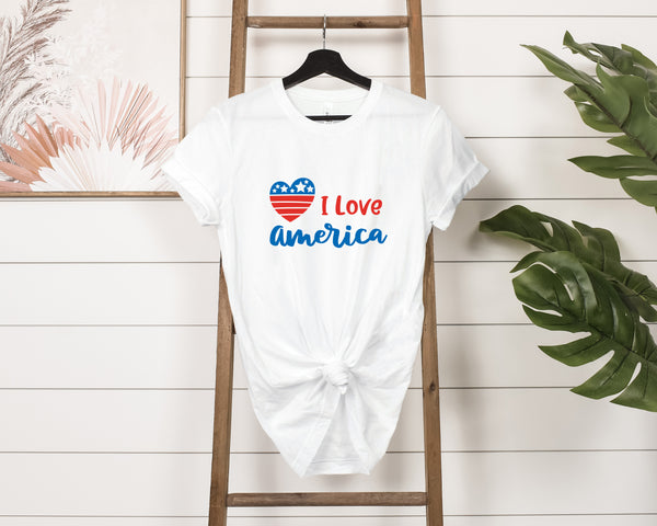 I Love America Heart Jersey Short Sleeve Tee - Soft & Comfortable - Patriotic Clothing - Made in the USA