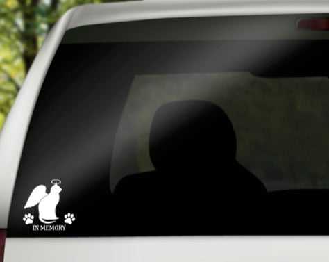 In Memory Cat Vinyl Decal | White | Made in USA by Foxtail Decals | for Car Windows, Tablets, Laptops, Water Bottles, etc. | 4.75 x 4.6 inch