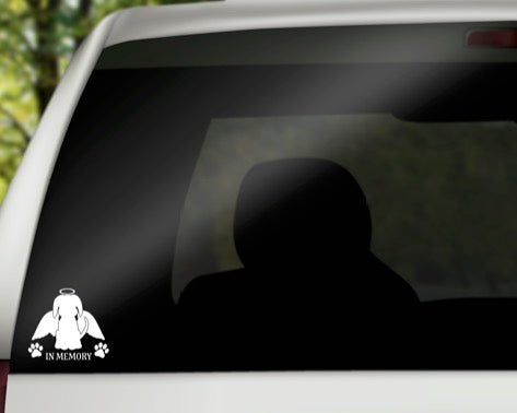 In Memory Dog Vinyl Decal | White | Made in USA by Foxtail Decals | for Car Windows, Tablets, Laptops, Water Bottles, etc. | 4.75 x 4.2 inch