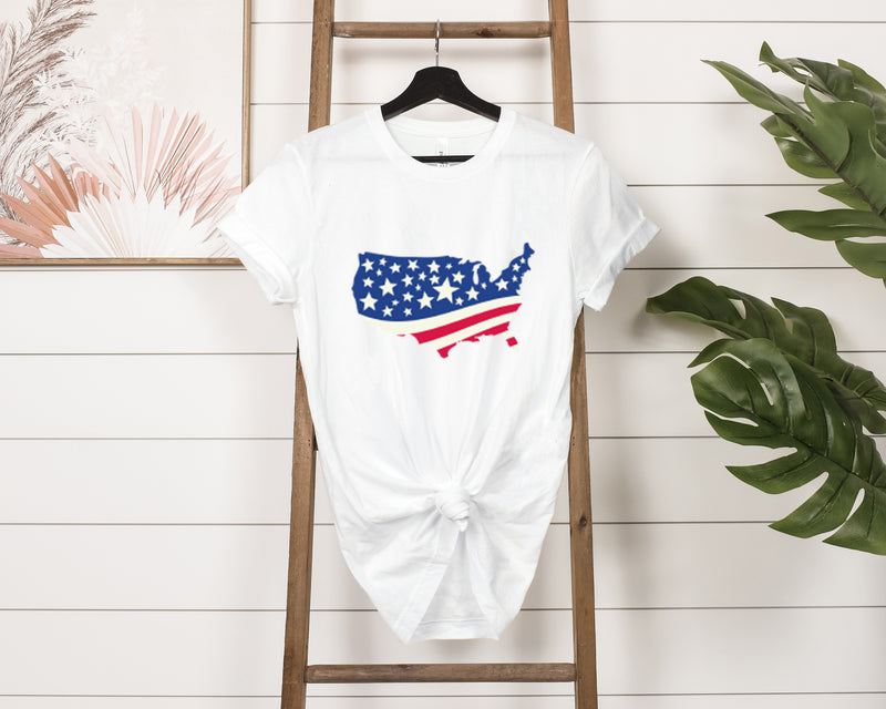 4th of July American Flag Map Jersey Short Sleeve Tee - Soft & Comfortable - Patriotic Clothing - Made in the USA