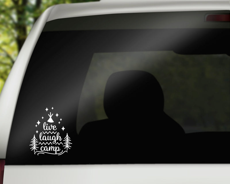 Live Laugh Camp Vinyl Decal | White | MADE IN USA by Foxtail Decals | For Car Windows, Tablets, Laptops, Water Bottles, etc. | 4.2 x 4.0 inch