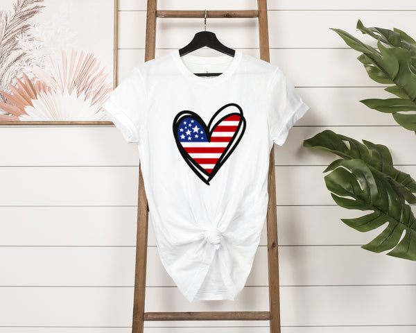 Love America Flag Heart Jersey Short Sleeve Tee - Soft & Comfortable - Patriotic Clothing - Made in the USA