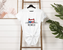 'Meowica Patriotic Cat with Sunglasses Jersey Short Sleeve Tee - Soft & Comfortable - Cute & Patriotic Clothing - Made in the USA