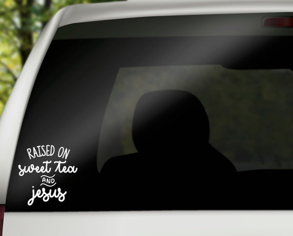 Raised On Sweet Tea and Jesus Vinyl Decal | White | Made in USA by Foxtail Decals | for Car Windows, Tablets, Laptops, Water Bottles, etc. | 4.4 x 4.5 inch