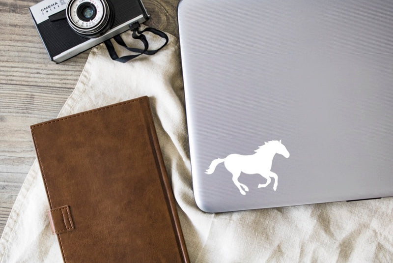 Running Horse Vinyl Decal | White | Made in USA by Foxtail Decals | for Car Windows, Tablets, Laptops, Water Bottles, etc. | 4.5 x 2.8 inch