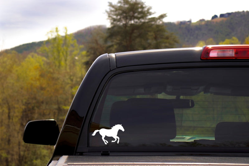 Running Horse Vinyl Decal | White | Made in USA by Foxtail Decals | for Car Windows, Tablets, Laptops, Water Bottles, etc. | 4.5 x 2.8 inch