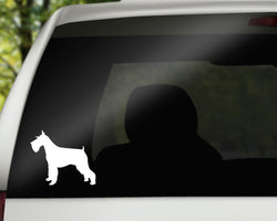 Schnauzer Vinyl Decal | White | Made in USA by Foxtail Decals | for Car Windows, Tablets, Laptops, Water Bottles, etc. | 4.5 x 3.8 inch