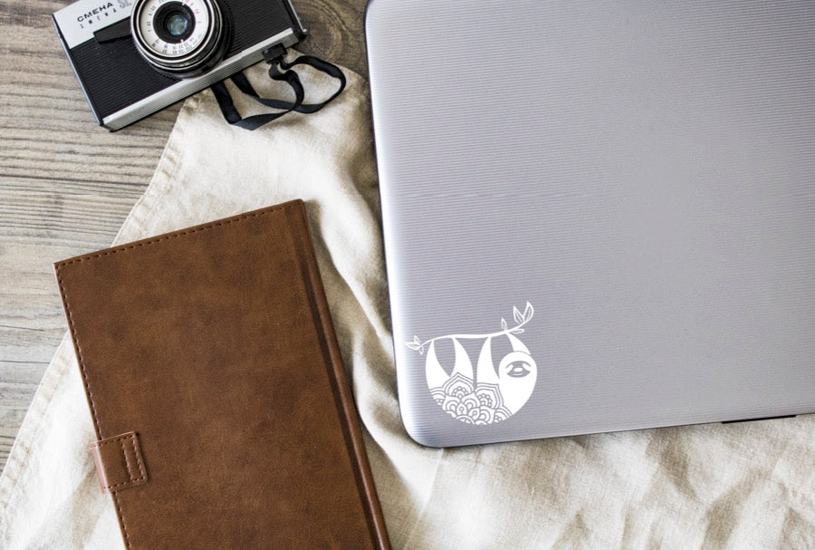 Sloth Mandala Vinyl Decal | White | Made in USA by Foxtail Decals | for Car Windows, Tablets, Laptops, Water Bottles, etc. | 4.75 x 4.3 inch