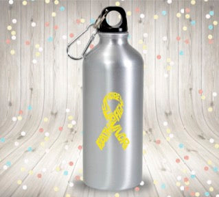 Yellow bone cancer and sarcoma survivor ribbon vinyl decal shown on a water bottle