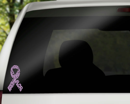 Lavender cancer survivor ribbon vinyl decal shown on a car window