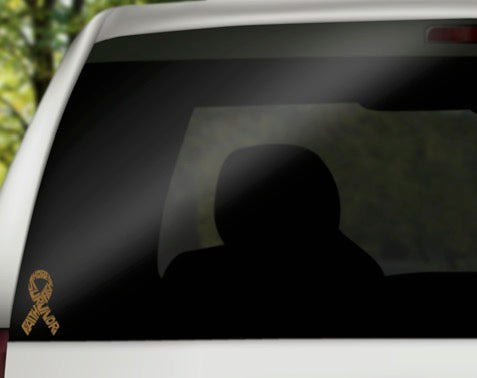 Gold childhood cancer survivor ribbon vinyl decal shown on a car window