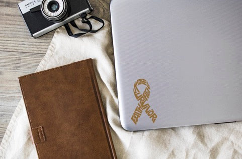 Survivor Childhood Cancer Ribbon Vinyl Decal | Gold | Made in USA by Foxtail Decals | for Car Windows, Tablets, Laptops, Water Bottles, etc. | 2.6 x 4.5 inch