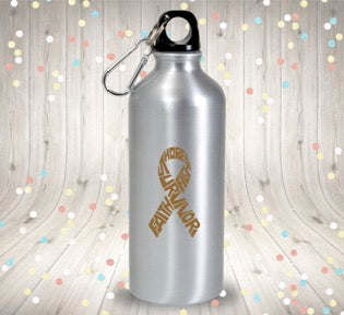 Gold childhood cancer survivor ribbon vinyl decal shown on a water bottle