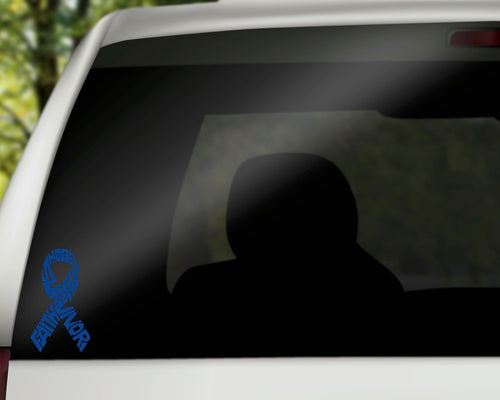 Blue colorectal cancer survivor ribbon vinyl decal shown on a car window