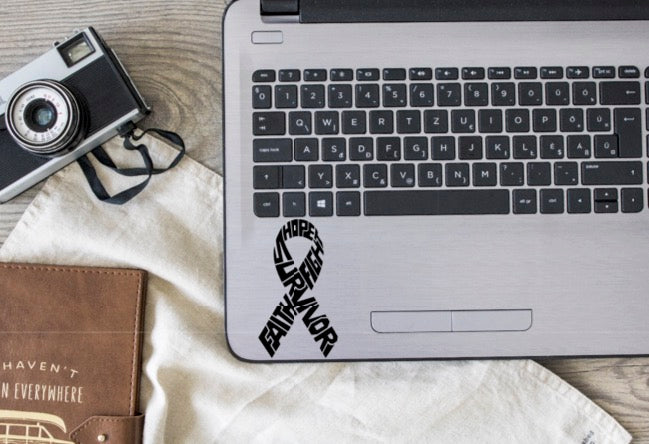 Survivor Melanoma Cancer Ribbon Vinyl Decal | Black | Made in USA by Foxtail Decals | for Car Windows, Tablets, Laptops, Water Bottles, etc. | 2.6 x 4.5 inch