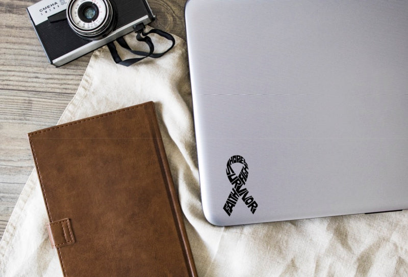 Survivor Melanoma Cancer Ribbon Vinyl Decal | Black | Made in USA by Foxtail Decals | for Car Windows, Tablets, Laptops, Water Bottles, etc. | 2.6 x 4.5 inch