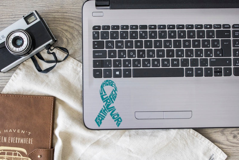 Survivor Ovarian Cancer Ribbon Vinyl Decal | Teal | Made in USA by Foxtail Decals | for Car Windows, Tablets, Laptops, Water Bottles, etc. | 2.6 x 4.5 inch