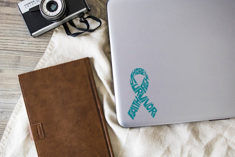 Survivor Ovarian Cancer Ribbon Vinyl Decal | Teal | Made in USA by Foxtail Decals | for Car Windows, Tablets, Laptops, Water Bottles, etc. | 2.6 x 4.5 inch