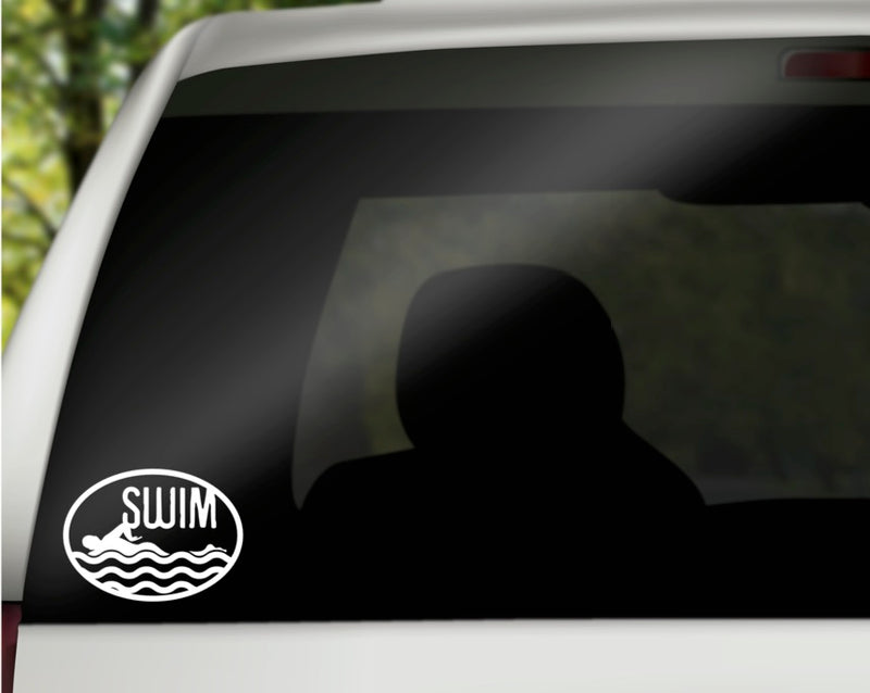 Swim Logo Vinyl Decal | White | Made in USA by Foxtail Decals | for Car Windows, Tablets, Laptops, Water Bottles, etc. | 3.3 x 4.5 inch