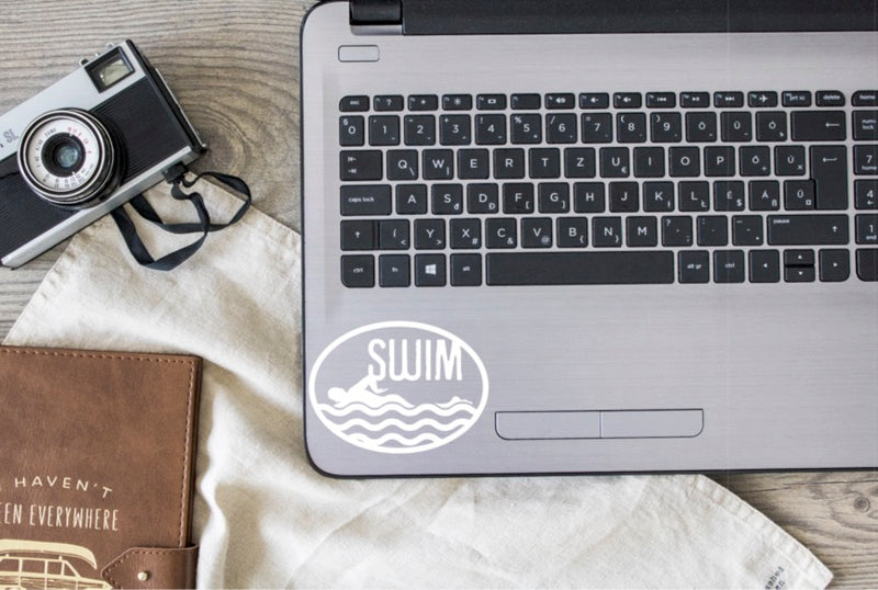 Swim Logo Vinyl Decal | White | Made in USA by Foxtail Decals | for Car Windows, Tablets, Laptops, Water Bottles, etc. | 3.3 x 4.5 inch