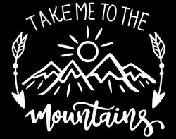 Take Me to The Mountains Vinyl Decal | White | Made in USA by Foxtail Decals | for Car Windows, Tablets, Laptops, Water Bottles, etc. | 4.75 x 4.1 inch