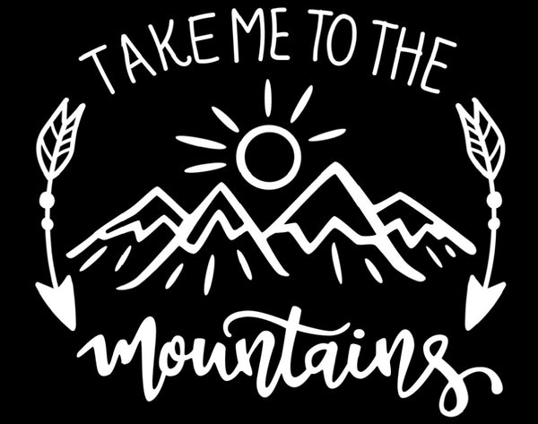 Take Me to The Mountains Vinyl Decal | White | Made in USA by Foxtail Decals | for Car Windows, Tablets, Laptops, Water Bottles, etc. | 4.75 x 4.1 inch