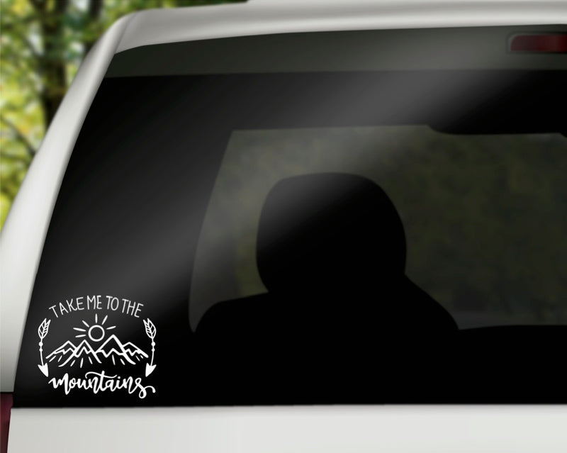 Take Me to The Mountains Vinyl Decal | White | Made in USA by Foxtail Decals | for Car Windows, Tablets, Laptops, Water Bottles, etc. | 4.75 x 4.1 inch