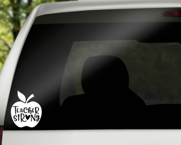 Teacher Strong Vinyl Decal | White | Made in USA by Foxtail Decals | for Car Windows, Tablets, Laptops, Water Bottles, etc. | 3.8 x 4.5 inch