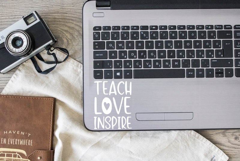 Teach Love Inspire Vinyl Decal | White | Made in USA by Foxtail Decals | for Car Windows, Tablets, Laptops, Water Bottles, etc. | 3.5 x 4.5 inch