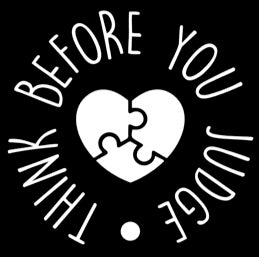 Think Before You Judge Puzzle Heart Vinyl Decal | White | Made in USA by Foxtail Decals | for Car Windows, Tablets, Laptops, Water Bottles, etc. | 4.5 x 4.3 inch