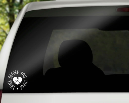 Think Before You Judge Puzzle Heart Vinyl Decal | White | Made in USA by Foxtail Decals | for Car Windows, Tablets, Laptops, Water Bottles, etc. | 4.5 x 4.3 inch