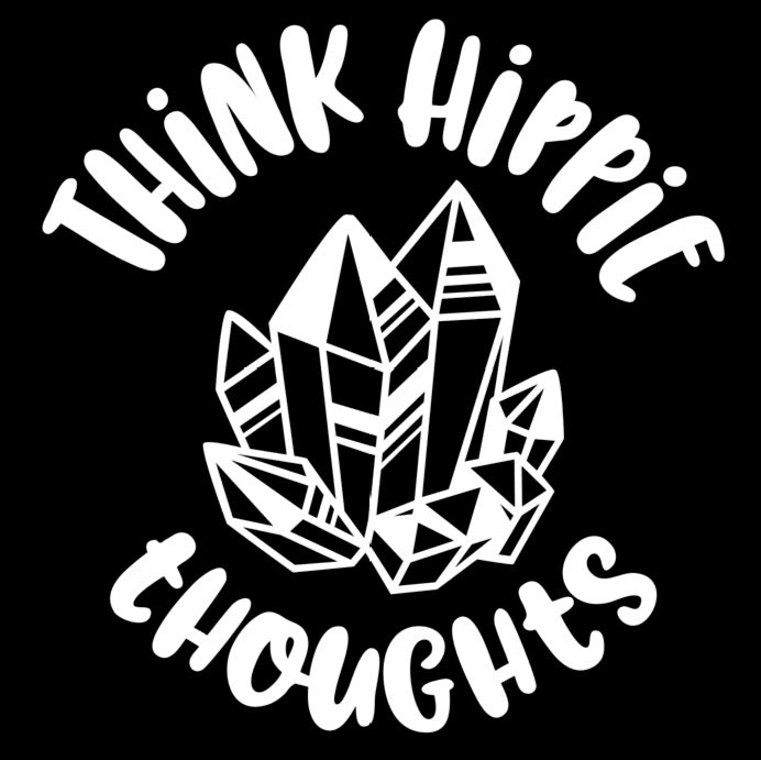 Think Hippie Thoughts Vinyl Decal | White | Made in USA by Foxtail Decals | for Car Windows, Tablets, Laptops, Water Bottles, etc. | 4.3 x 4.5 inch