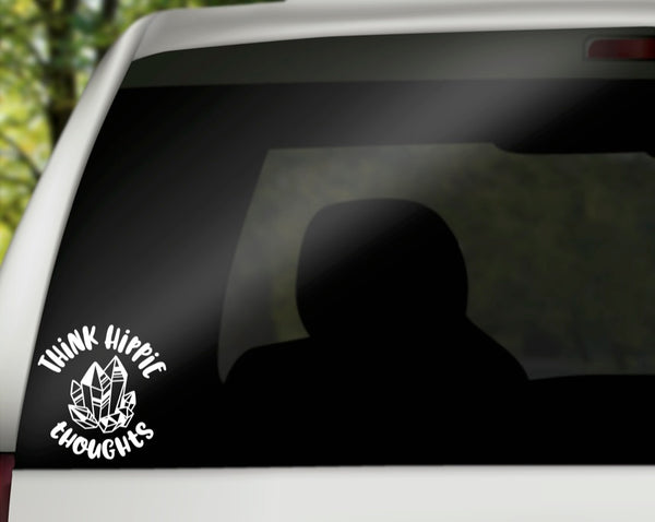 Think Hippie Thoughts Vinyl Decal | White | Made in USA by Foxtail Decals | for Car Windows, Tablets, Laptops, Water Bottles, etc. | 4.3 x 4.5 inch