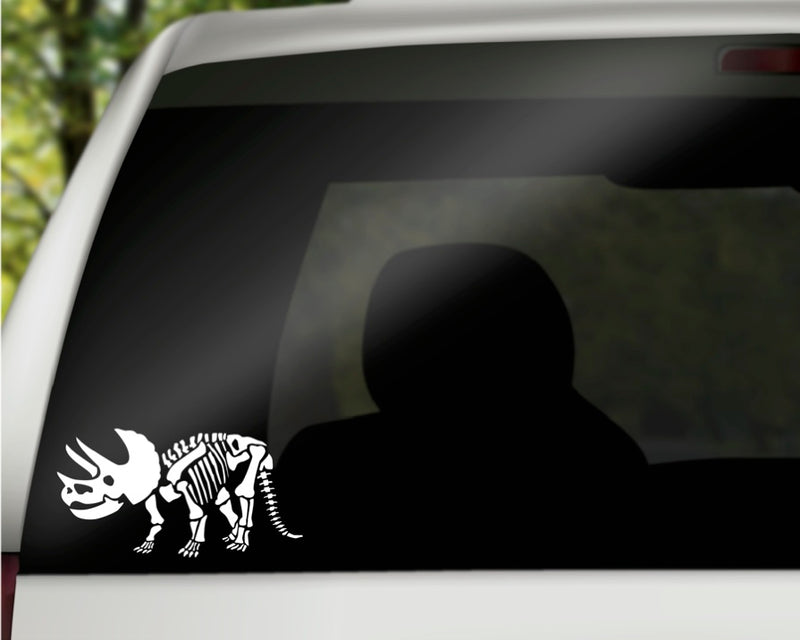 Triceratops Skeleton Vinyl Decal | White | Made in USA by Foxtail Decals | for Car Windows, Tablets, Laptops, Water Bottles, etc. | 5.5 x 2.9 inch