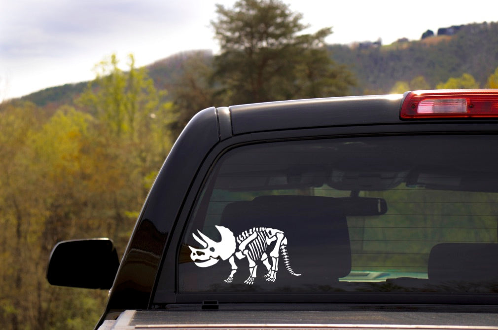 Triceratops Skeleton Vinyl Decal | White | Made in USA by Foxtail Decals | for Car Windows, Tablets, Laptops, Water Bottles, etc. | 5.5 x 2.9 inch