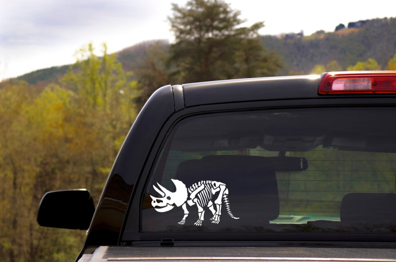 Triceratops Skeleton Vinyl Decal | White | Made in USA by Foxtail Decals | for Car Windows, Tablets, Laptops, Water Bottles, etc. | 5.5 x 2.9 inch