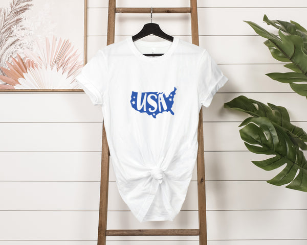 Blue USA Map Short Sleeve Tee - Patriotic Clothing - Made in the USA