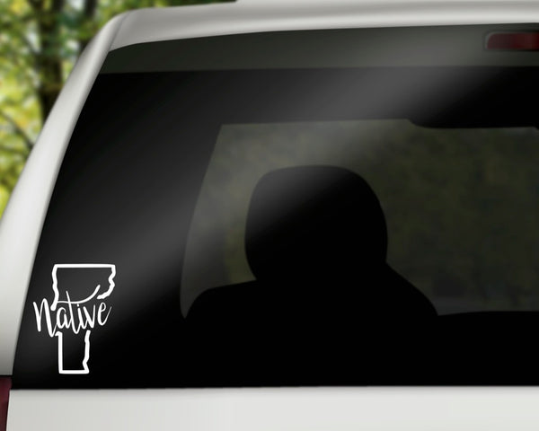 Vermont Native Vinyl Decal | White | Made in USA by Foxtail Decals | for Car Windows, Tablets, Laptops, Water Bottles, etc. | 3.4 x 4.5 inch