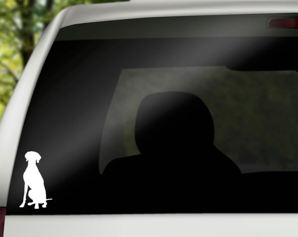 Weimaraner Sitting Vinyl Decal | White | Made in USA by Foxtail Decals | for Car Windows, Tablets, Laptops, Water Bottles, etc. | 2.6 x 4.5 inch