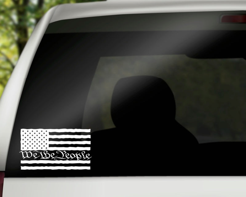 We The People American Flag Vinyl Decal | White | Made in USA by Foxtail Decals | for Car Windows, Tablets, Laptops, Water Bottles, etc. | 8.0 x 4.5 inch