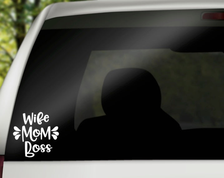 Wife Mom Boss Vinyl Decal | White | Made in USA by Foxtail Decals | for Car Windows, Tablets, Laptops, Water Bottles, etc. | 4.5 x 4.4 inch